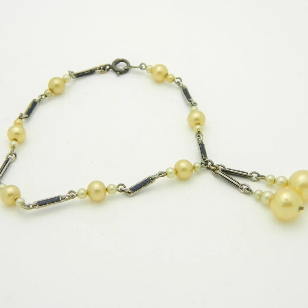Art Deco Faux Pearl Blue Enamel Silver Tone Dangle